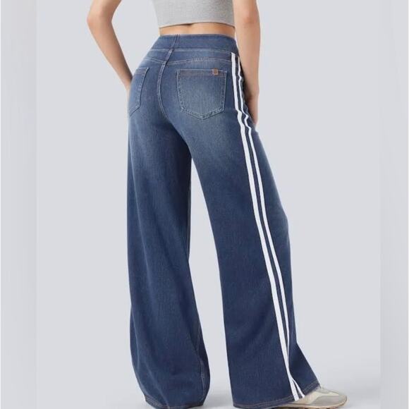 Halara Flex™ High Waisted Stripe Wide Leg Flowy Washed Casual Jeans Pockets S - Picture 2 of 5